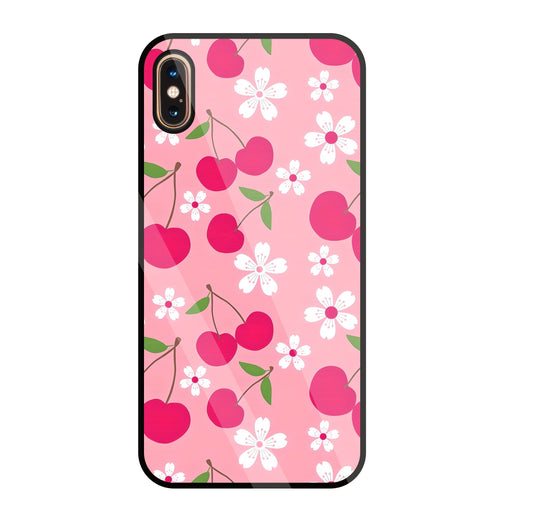 Pink Cherry With Flowers Glass Case For Apple iPhone Xs Max
