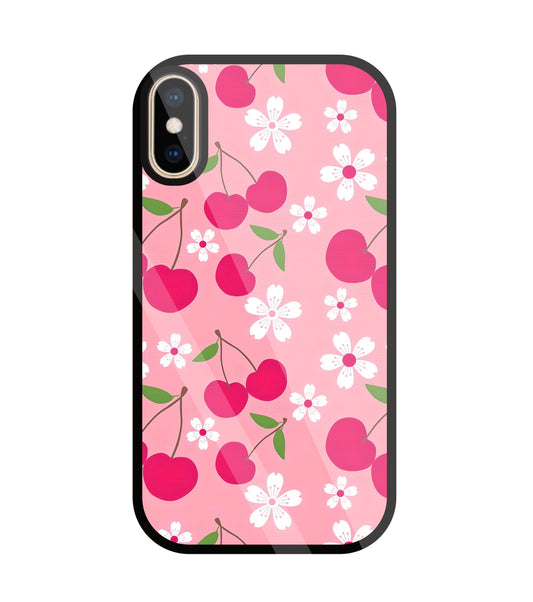 Pink Cherry With Flowers Glass Case For Apple iPhone Xs