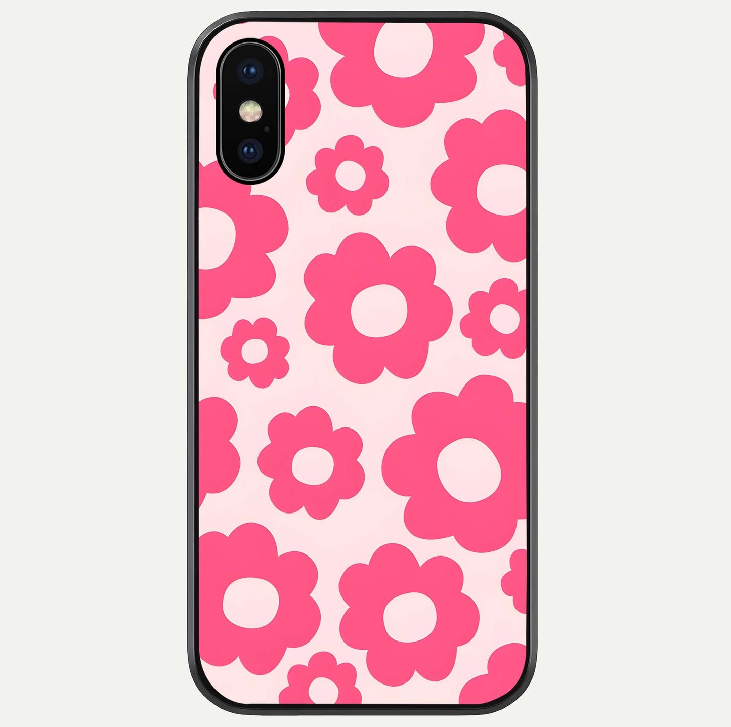 Blush Flower Pop iPhone X glass phone case front view featuring playful blush floral artwork with glossy finish