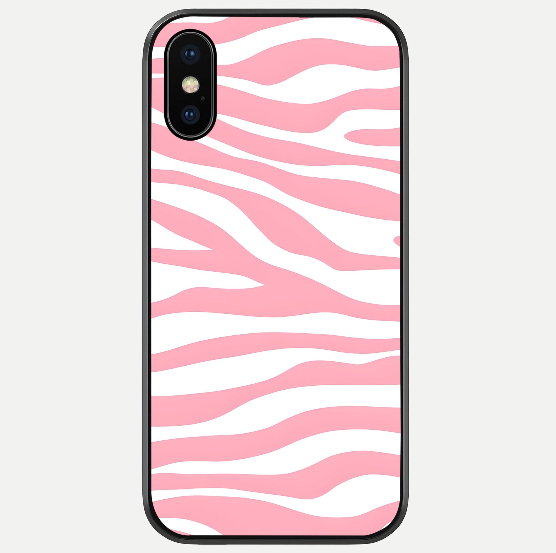 Blush Zebra Flow iPhone X glass phone case front view featuring modern zebra flow pattern in blush tones