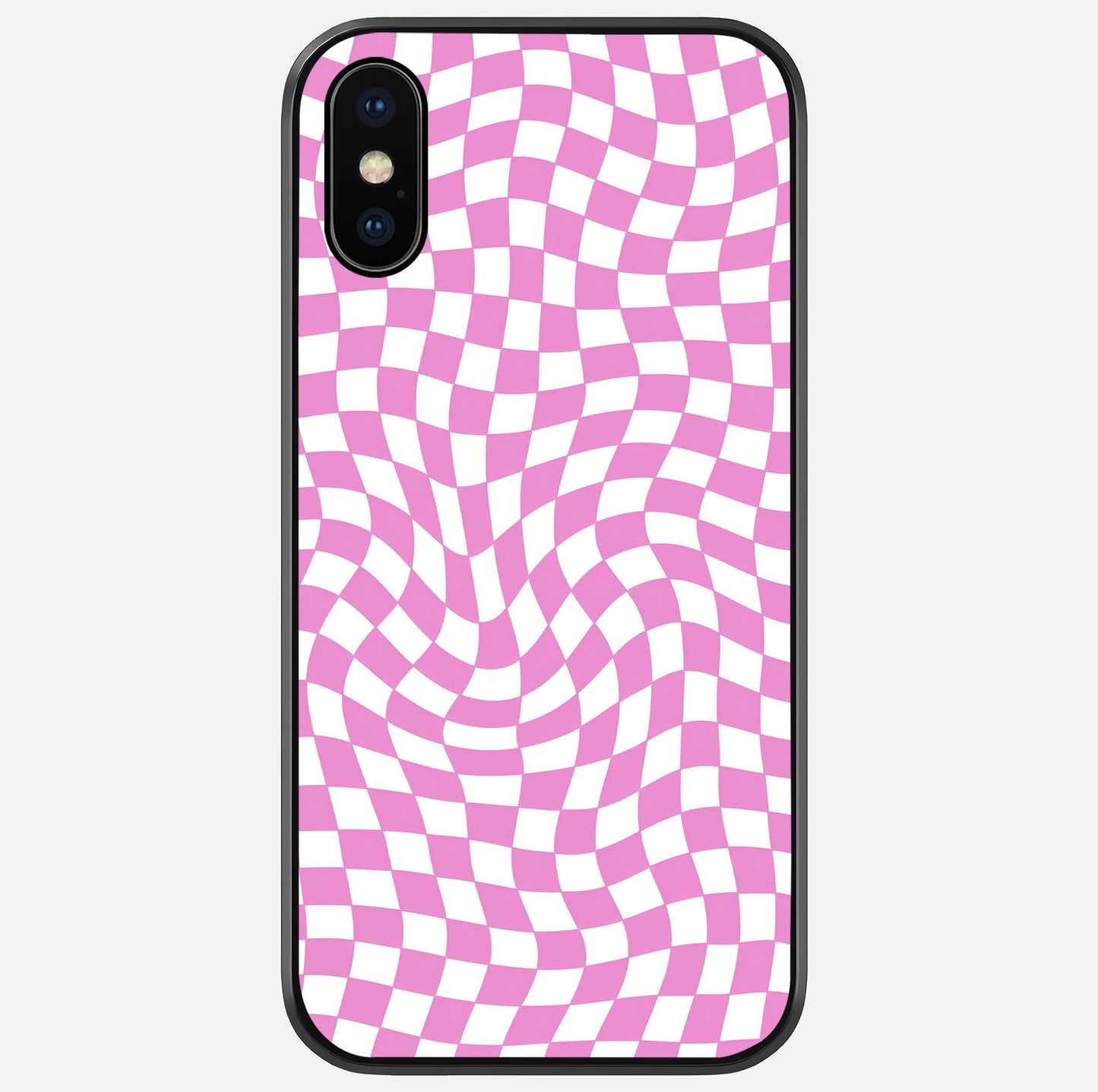 Bubblegum Check Wave iPhone X glass phone case front view showcasing playful bubblegum check wave pattern with glossy finish