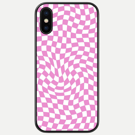 Bubblegum Check Wave iPhone X glass phone case front view showcasing playful bubblegum check wave pattern with glossy finish