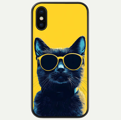 Cool Cat Vibes iPhone X glass phone case front view featuring playful cat illustration with cool aesthetic tones