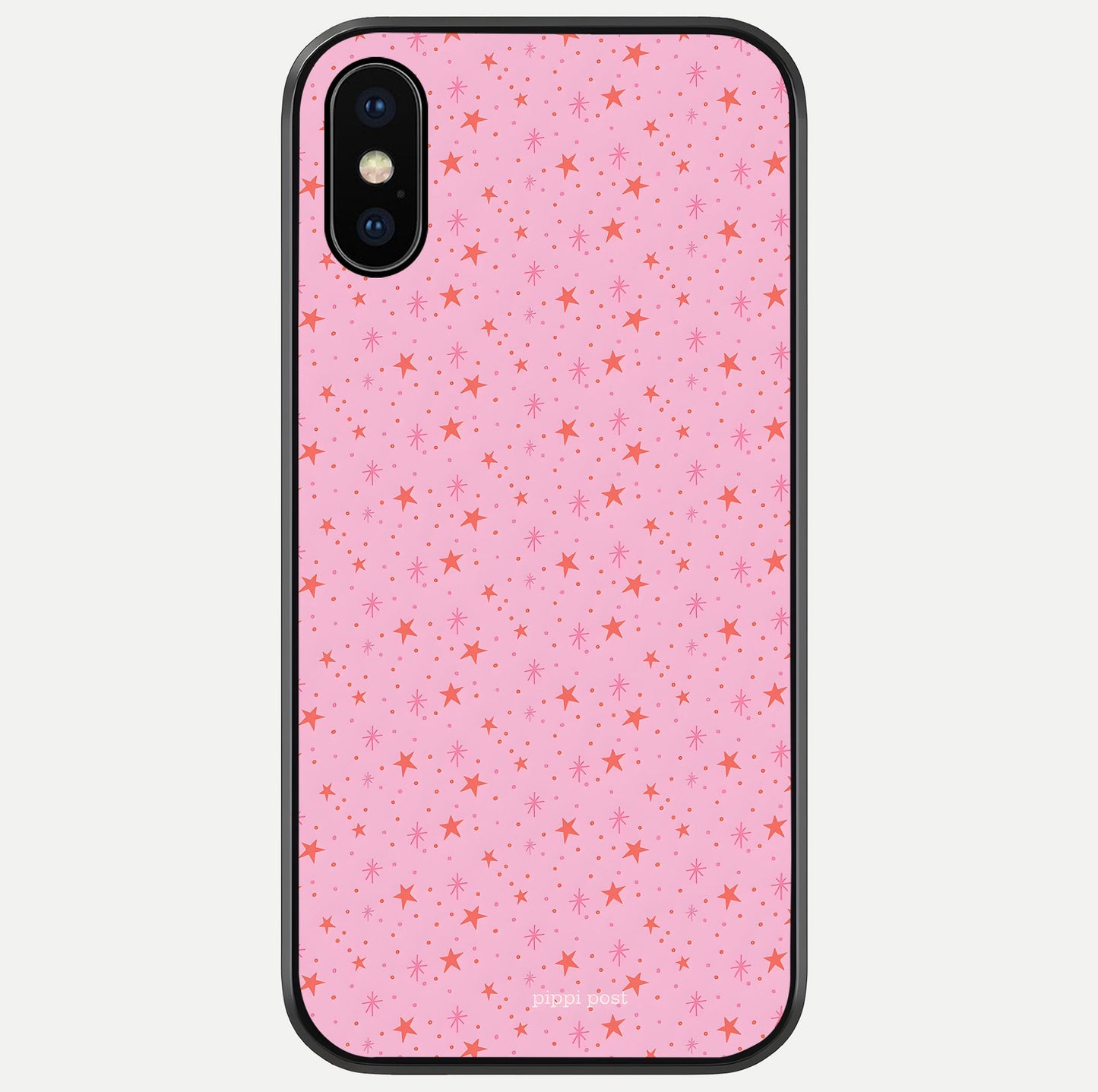 Cosmic Pink Sparkle iPhone X glass phone case front view showcasing shimmering pink cosmic artwork with glossy finish