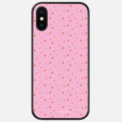 Cosmic Pink Sparkle iPhone X glass phone case front view showcasing shimmering pink cosmic artwork with glossy finish