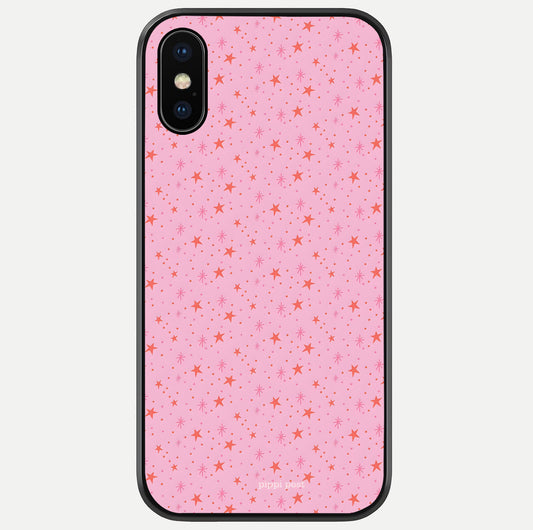 Cosmic Pink Sparkle iPhone X glass phone case front view showcasing shimmering pink cosmic artwork with glossy finish
