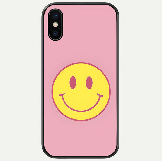 Happy Pink Mood iPhone X glass phone case front view featuring cheerful pink tones and playful aesthetic design