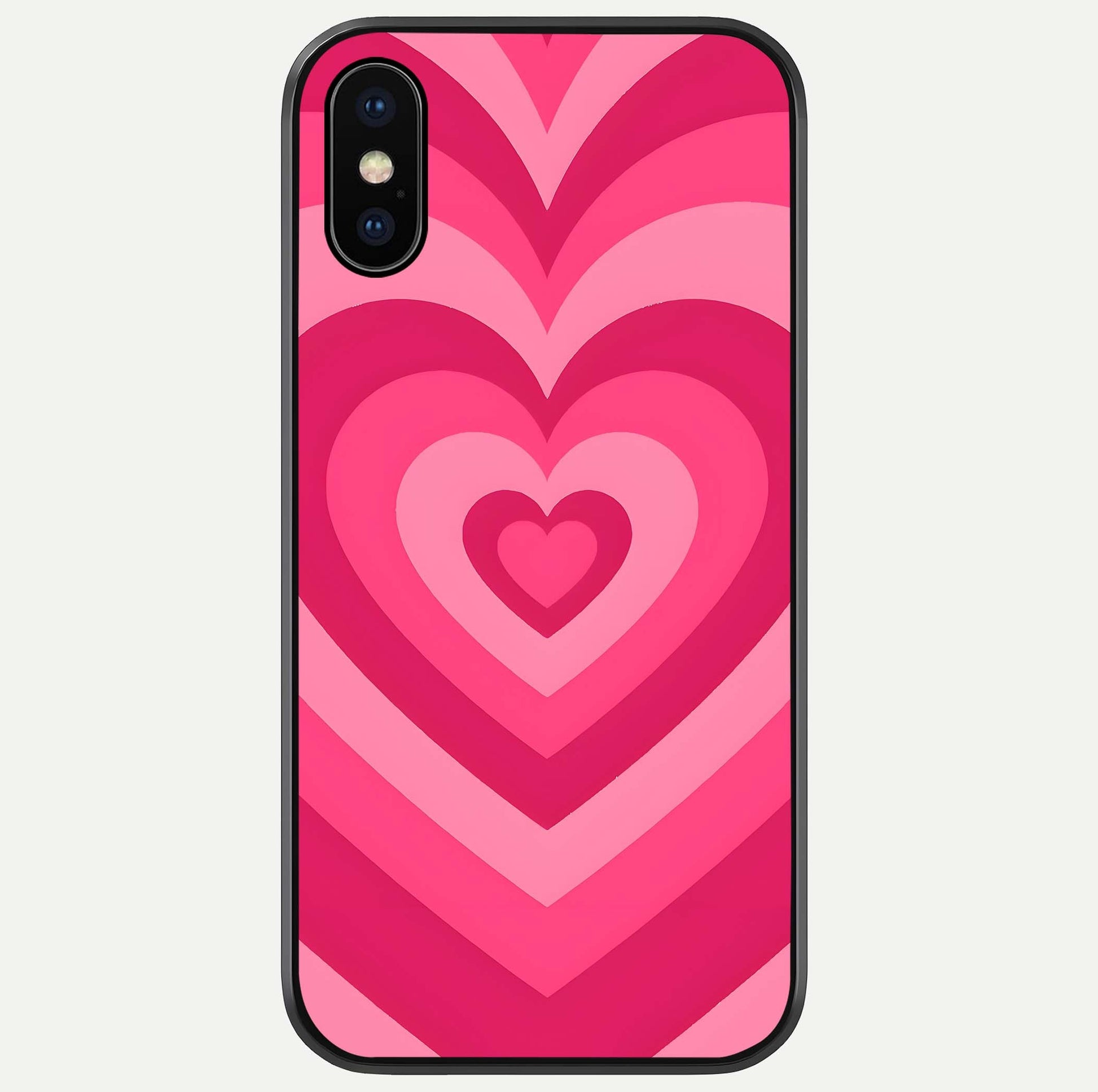 Layered Love Hearts iPhone X glass phone case front view showcasing layered heart patterns with romantic aesthetic