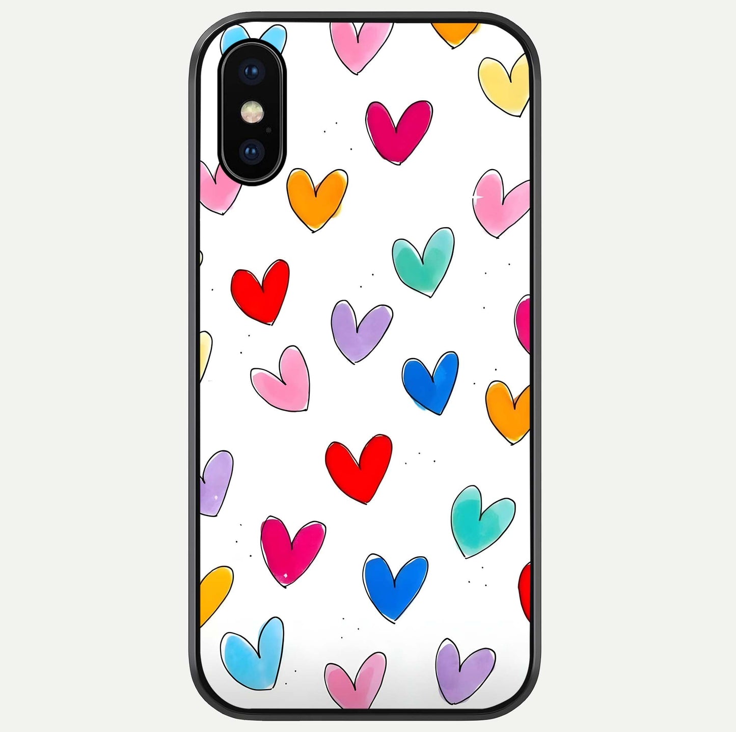 Playful Love Doodles iPhone X glass phone case front view featuring cute love doodle illustrations with fun vibe