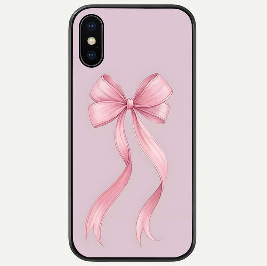 Soft Blush Bow iPhone X glass phone case front view showcasing soft blush tones with elegant bow design