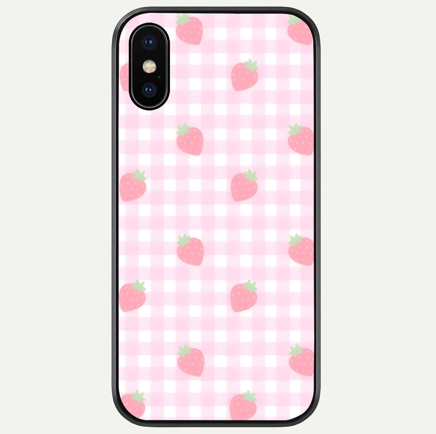 Strawberry Picnic Love iPhone X glass phone case front view featuring cute strawberry picnic artwork with romantic vibe
