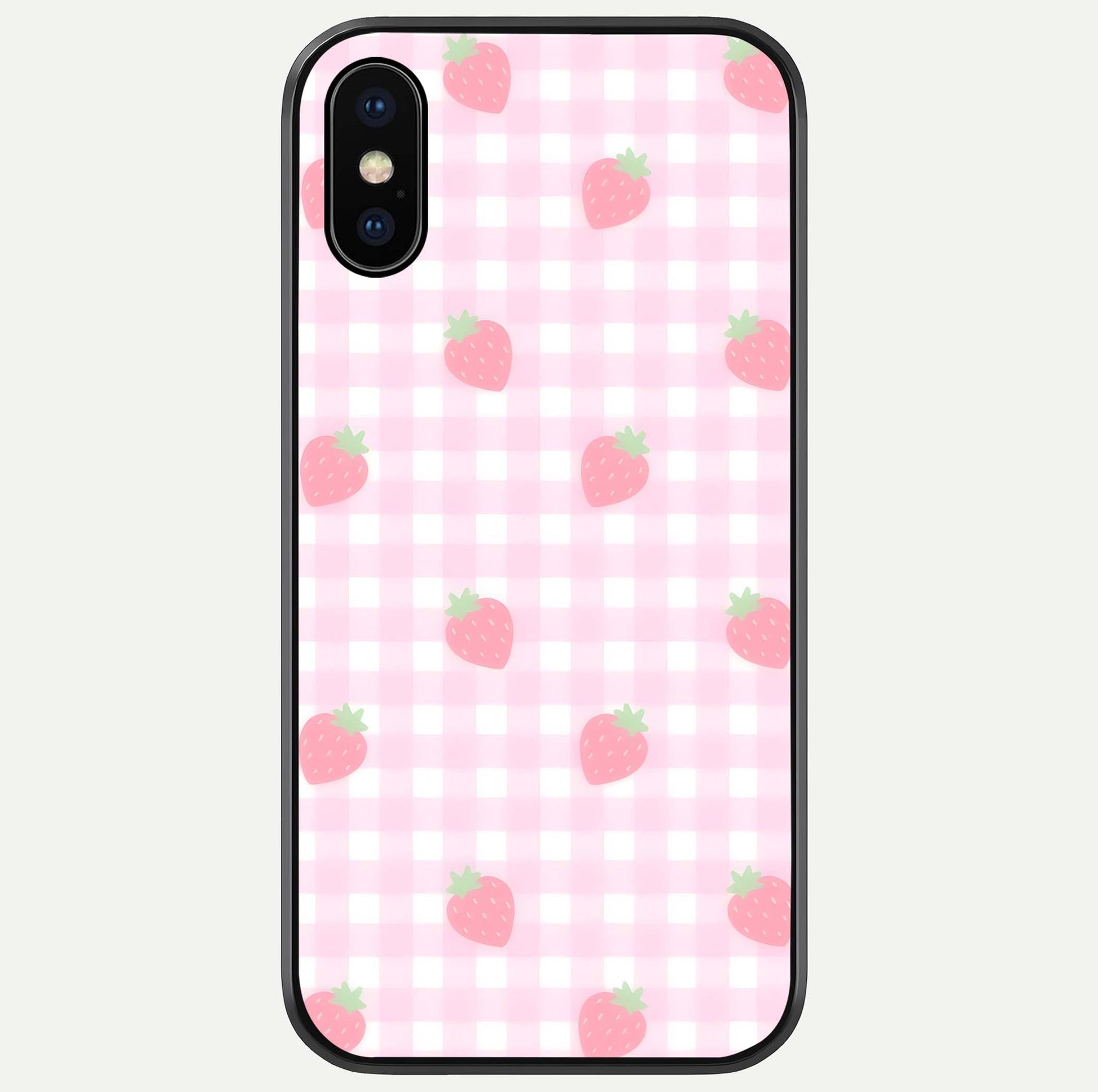 Strawberry Picnic Love iPhone X glass phone case front view featuring cute strawberry picnic artwork with romantic vibe