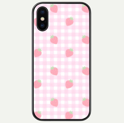 Strawberry Picnic Love iPhone X glass phone case front view featuring cute strawberry picnic artwork with romantic vibe