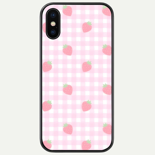 Strawberry Picnic Love iPhone X glass phone case front view featuring cute strawberry picnic artwork with romantic vibe
