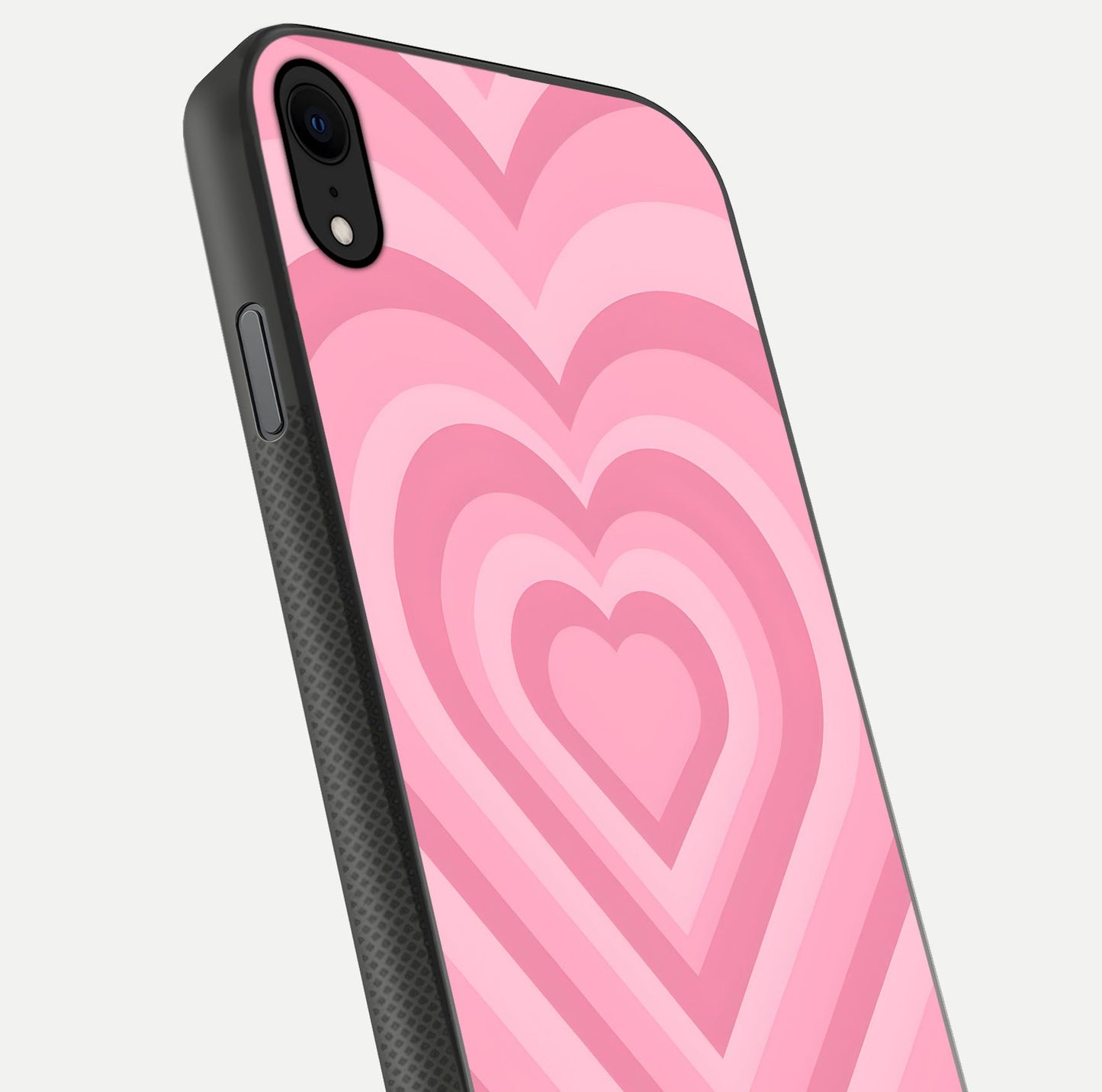 Blush Heart Waves iPhone X glass phone case angled back view highlighting romantic heart wave artwork and grip texture
