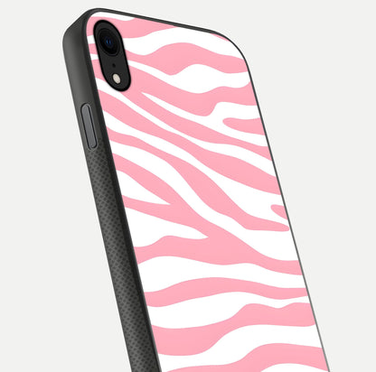 Blush Zebra Flow iPhone X glass phone case angled back view highlighting bold zebra artwork and textured side grip