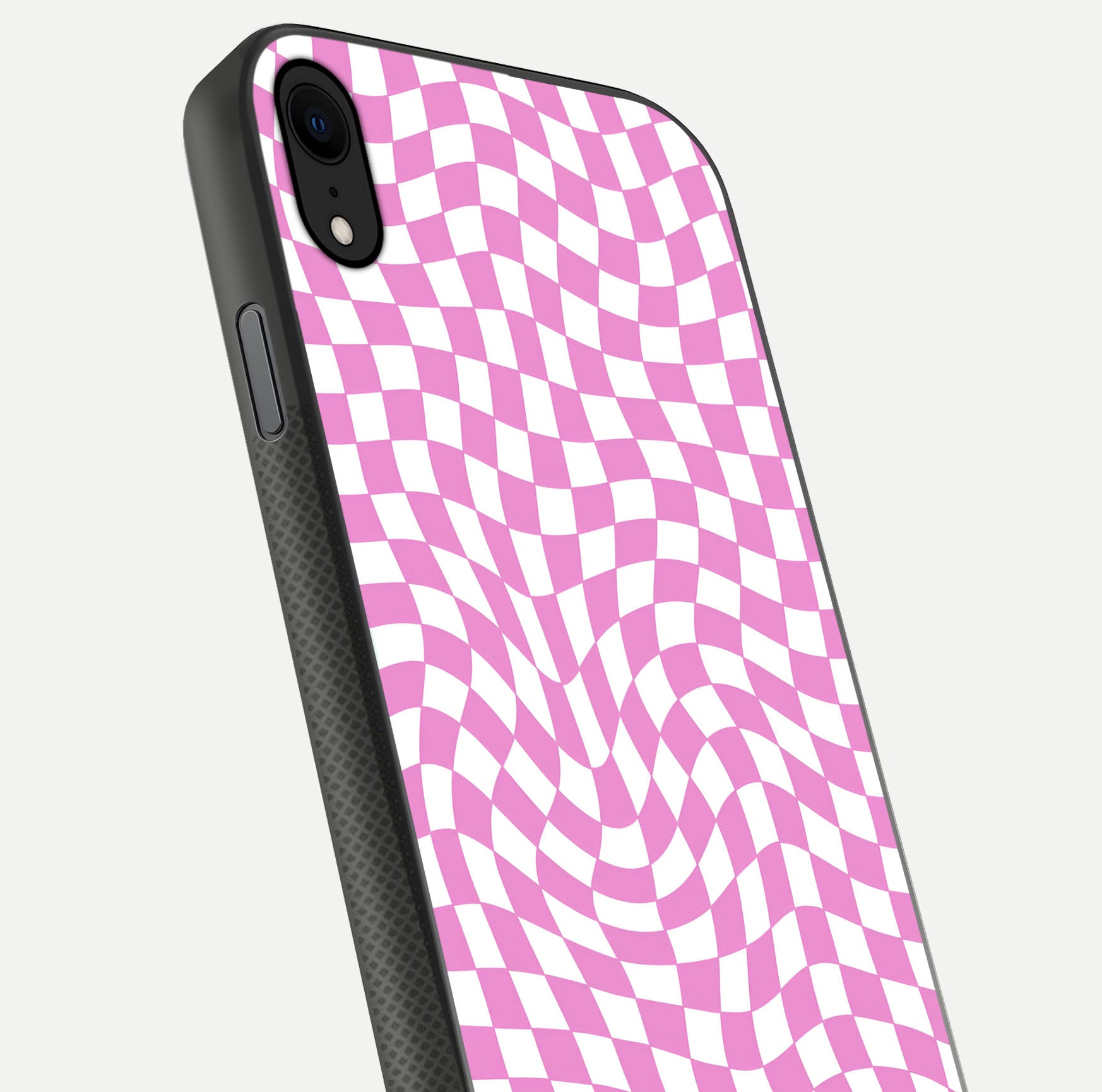 Bubblegum Check Wave iPhone X glass phone case angled back view highlighting check wave artwork and side grip texture