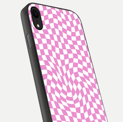 Bubblegum Check Wave iPhone X glass phone case angled back view highlighting check wave artwork and side grip texture