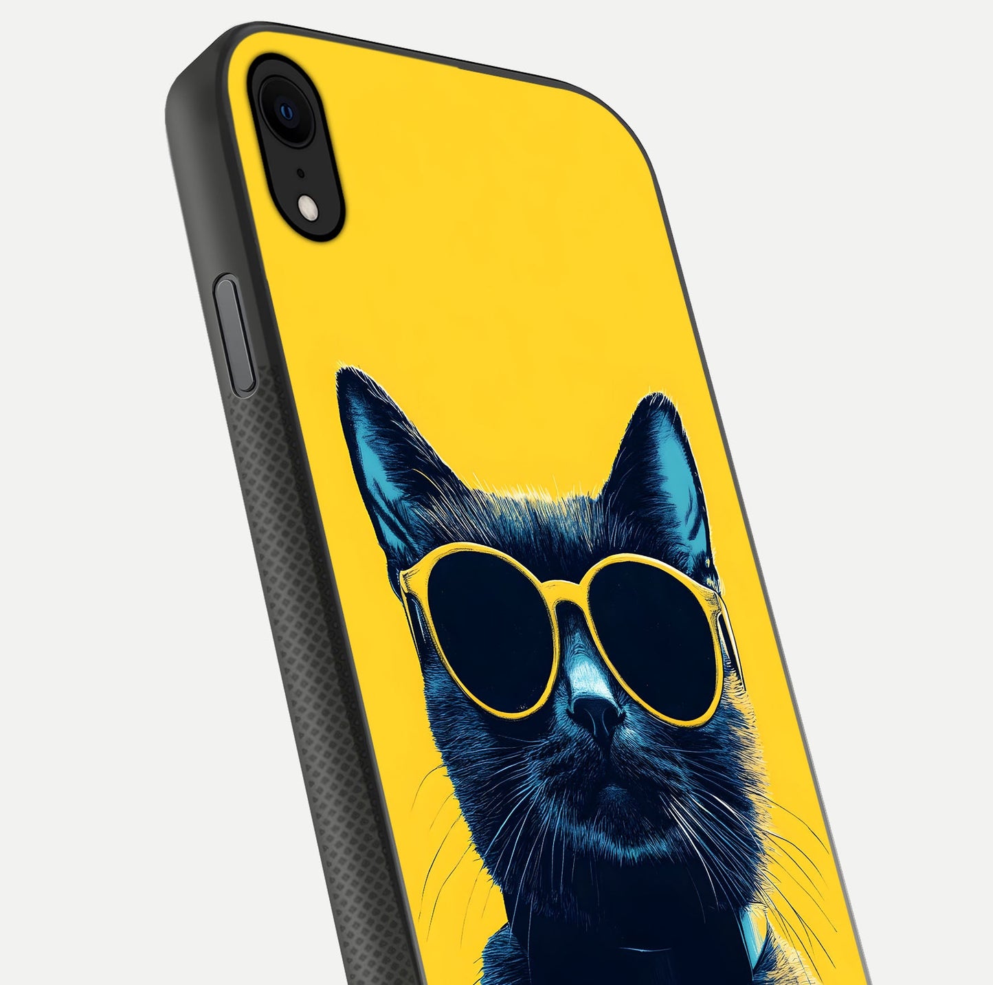 Cool Cat Vibes iPhone X glass phone case angled back view highlighting cat artwork and textured side grip