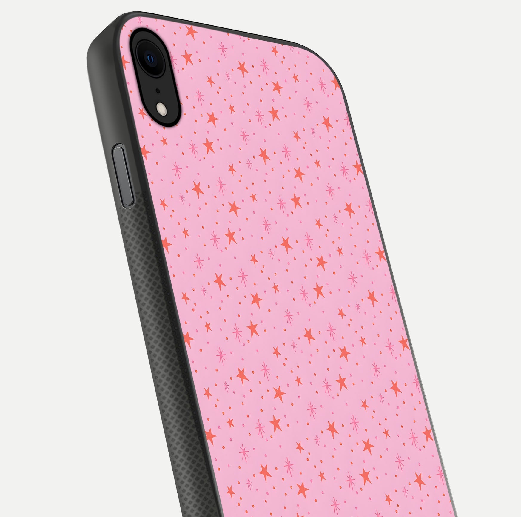 Cosmic Pink Sparkle iPhone X glass phone case angled back view highlighting sparkling galaxy design and textured side grip