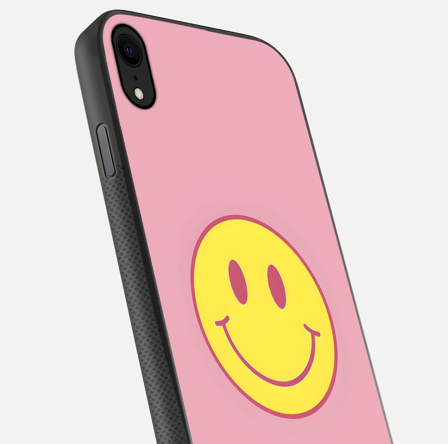 Happy Pink Mood iPhone X glass phone case angled back view highlighting bright pink artwork and side grip texture