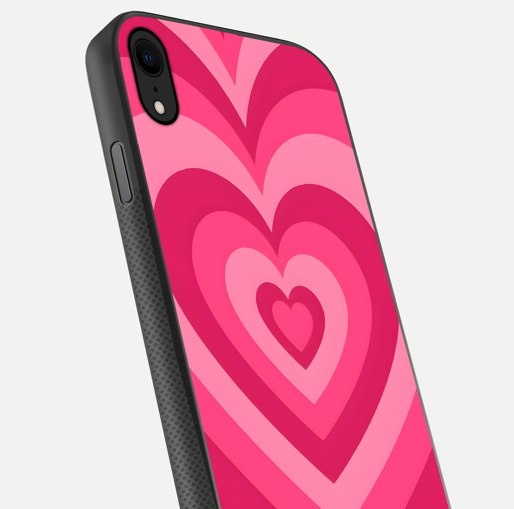 Layered Love Hearts iPhone X glass phone case angled back view highlighting heart artwork and textured grip edges