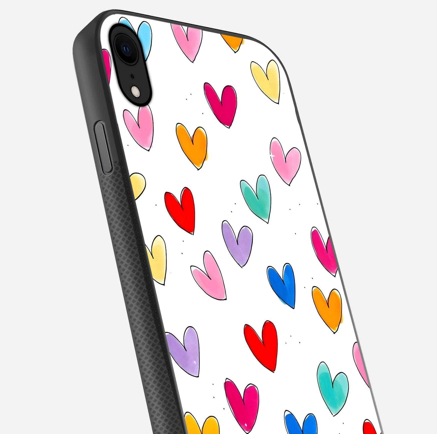Playful Love Doodles iPhone X glass phone case angled back view highlighting doodle artwork and textured grip edges