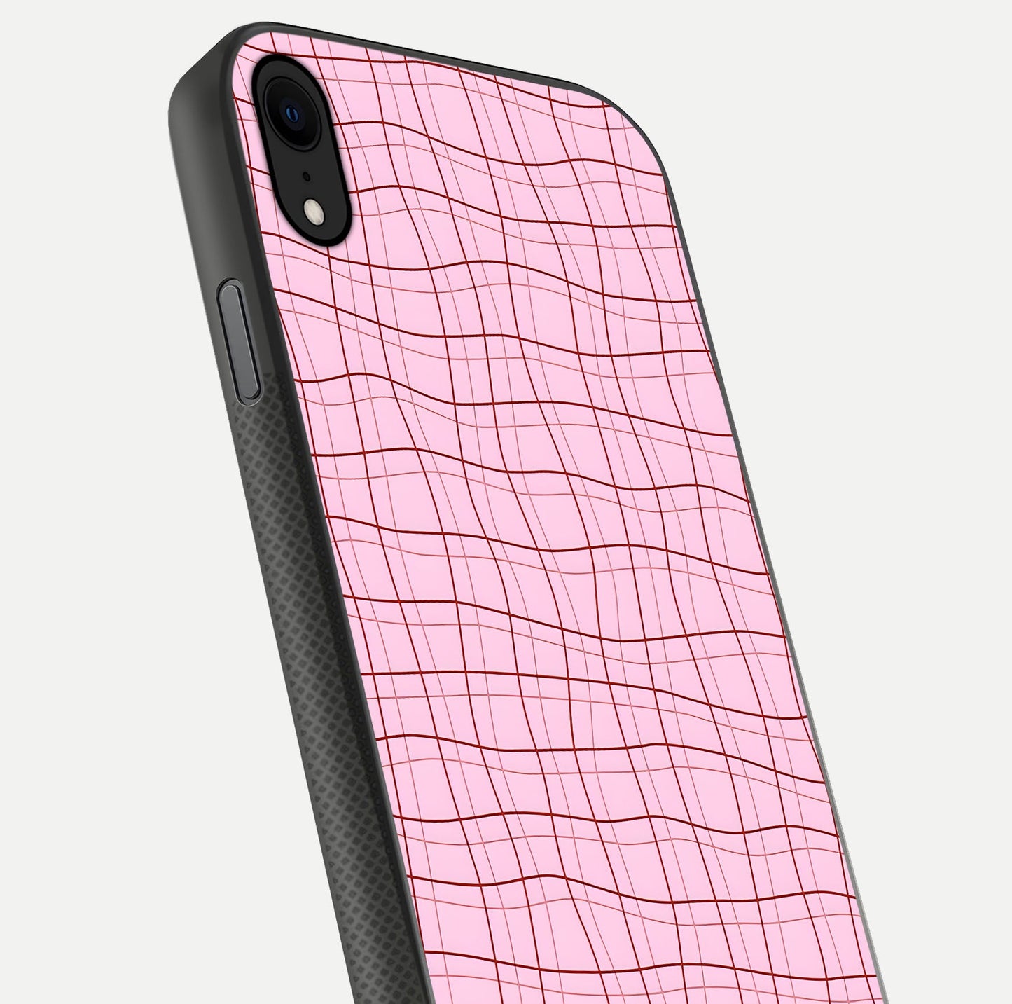 Soft Grid Bliss iPhone X glass phone case angled back view highlighting grid artwork and side grip texture