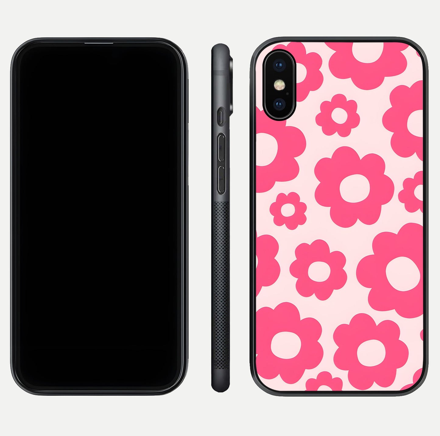 Blush Flower Pop iPhone X glass phone case front and side layout view showing slim profile and full floral coverage