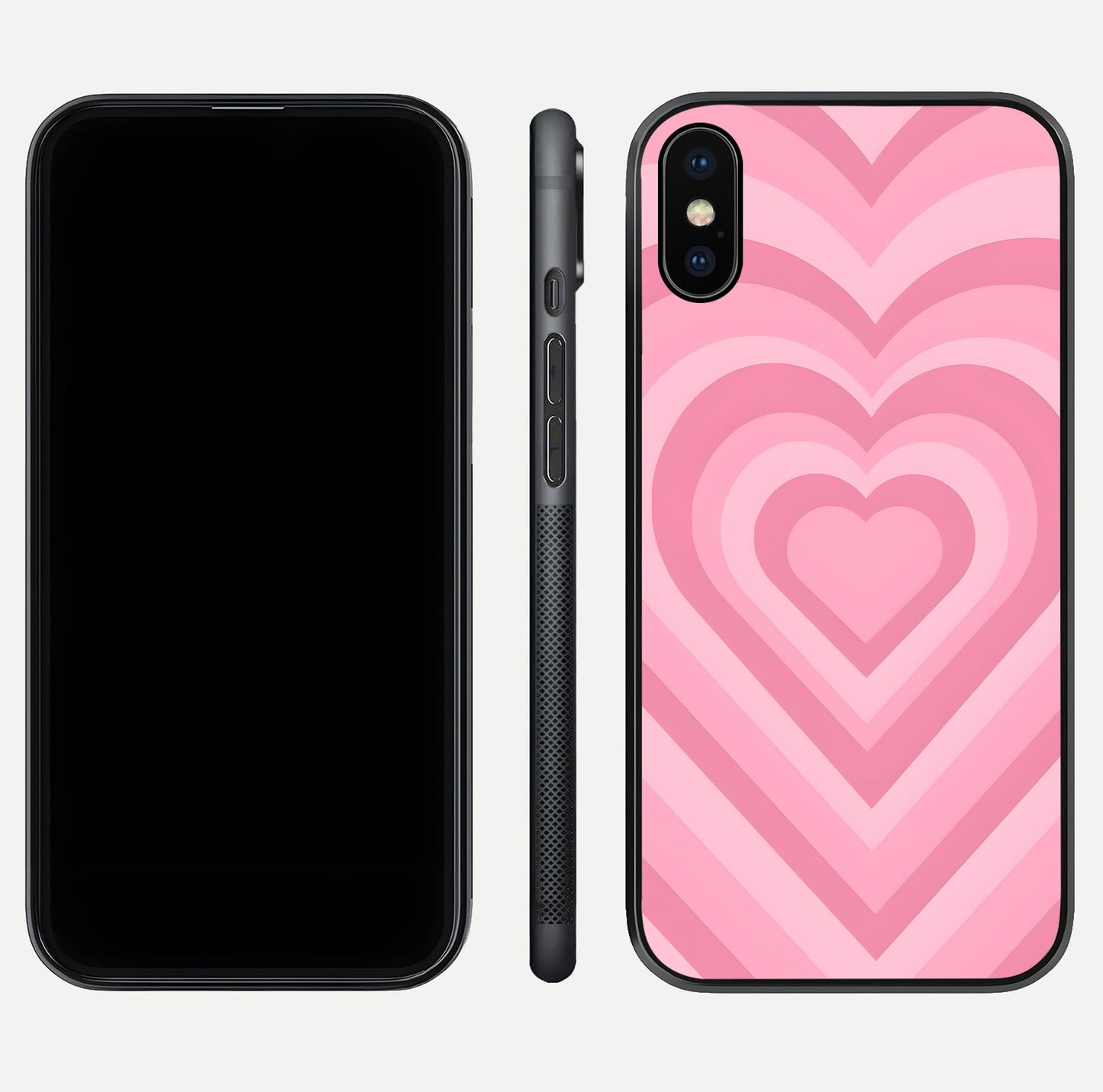 Blush Heart Waves iPhone X glass phone case front and side layout view displaying slim frame and full heart pattern