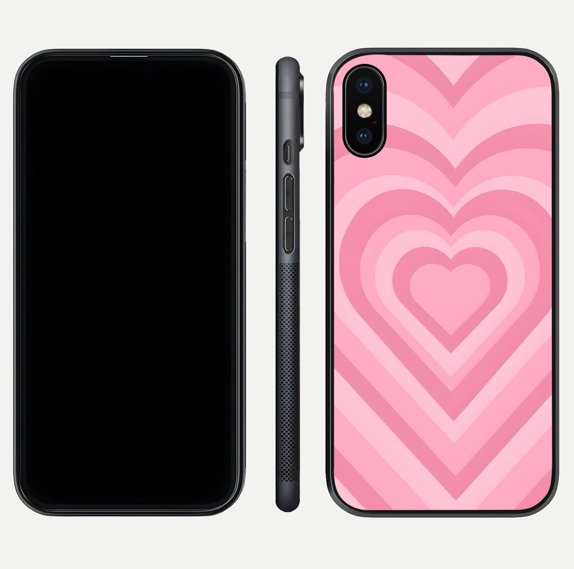 Blush Heart Waves iPhone X glass phone case front and side layout view displaying slim frame and full heart pattern
