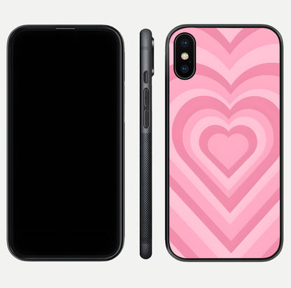 Blush Heart Waves iPhone X glass phone case front and side layout view displaying slim frame and full heart pattern