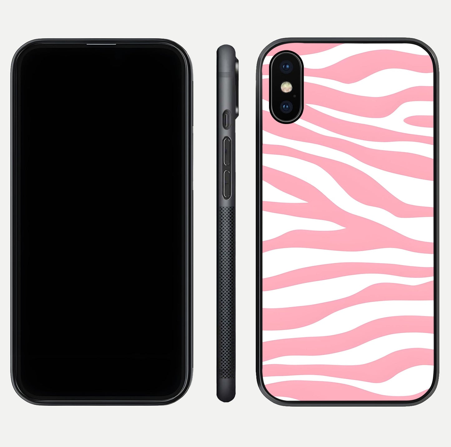 Blush Zebra Flow iPhone X glass phone case front and side layout view showing slim build and flowing pattern coverage