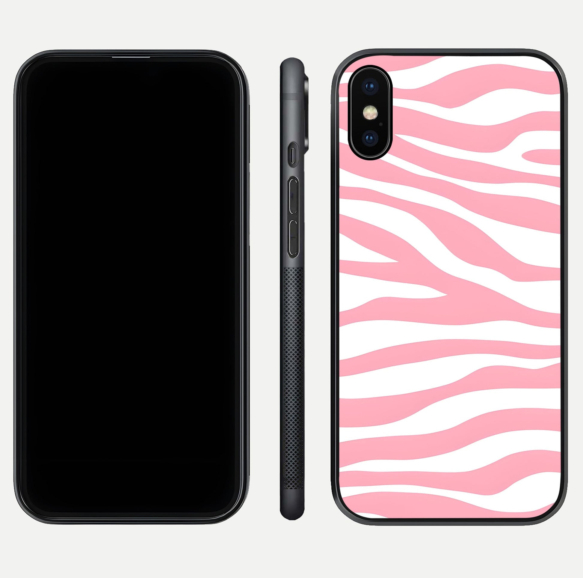 Blush Zebra Flow iPhone X glass phone case front and side layout view showing slim build and flowing pattern coverage