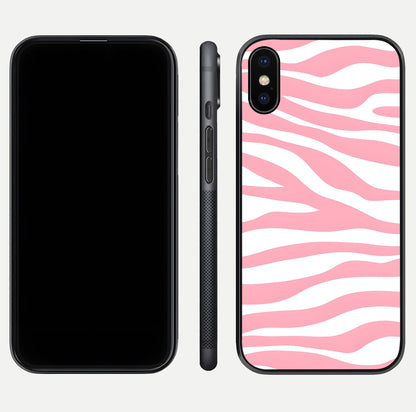Blush Zebra Flow iPhone X glass phone case front and side layout view showing slim build and flowing pattern coverage