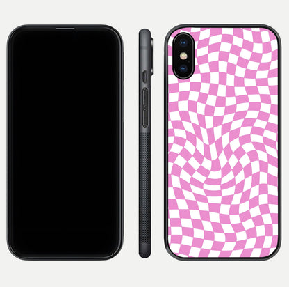 Bubblegum Check Wave iPhone X glass phone case front and side layout view displaying slim profile and full pattern coverage