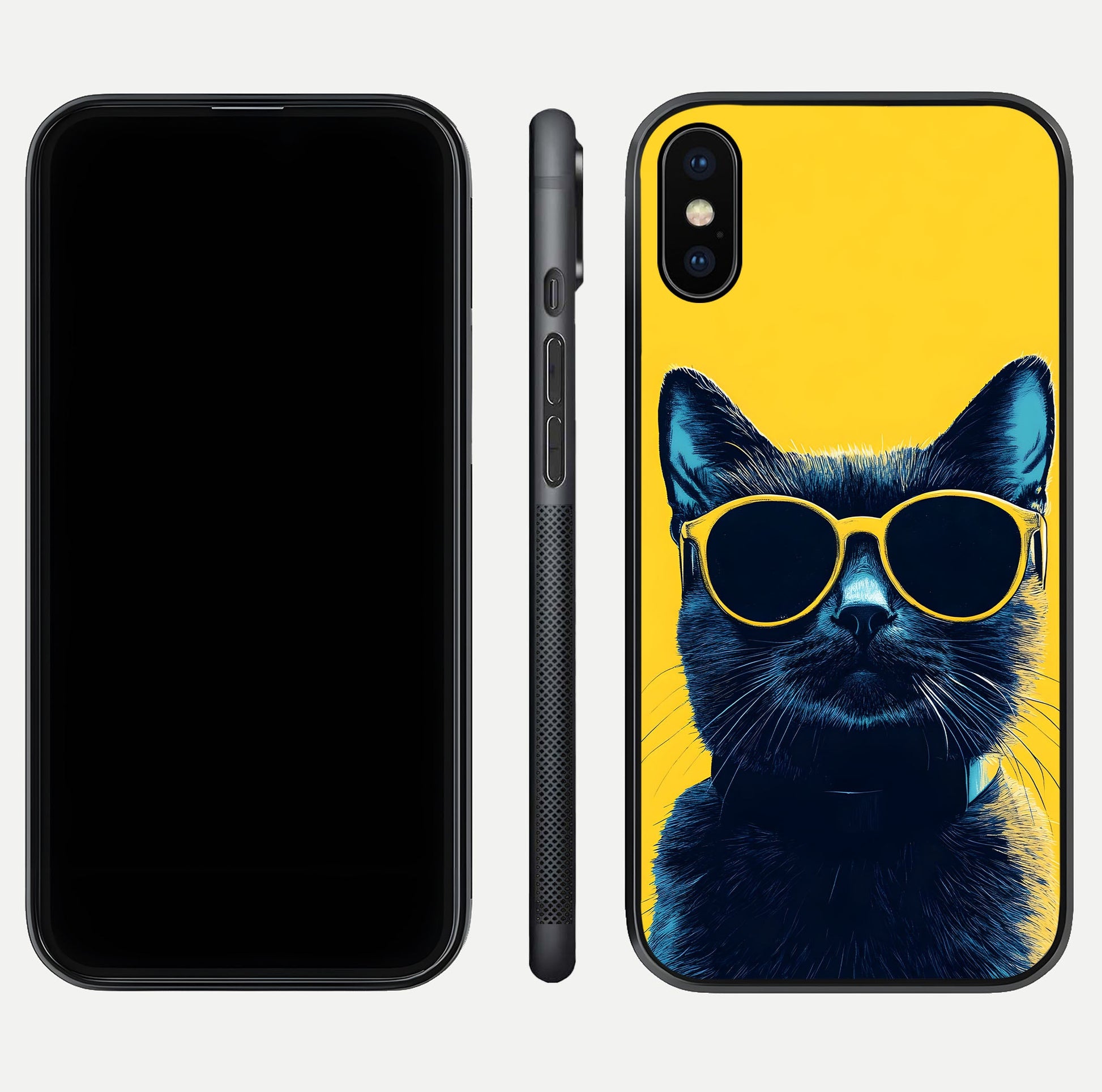 Cool Cat Vibes iPhone X glass phone case front and side layout view showing slim frame and full design coverage