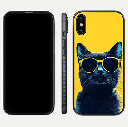 Cool Cat Vibes iPhone X glass phone case front and side layout view showing slim frame and full design coverage
