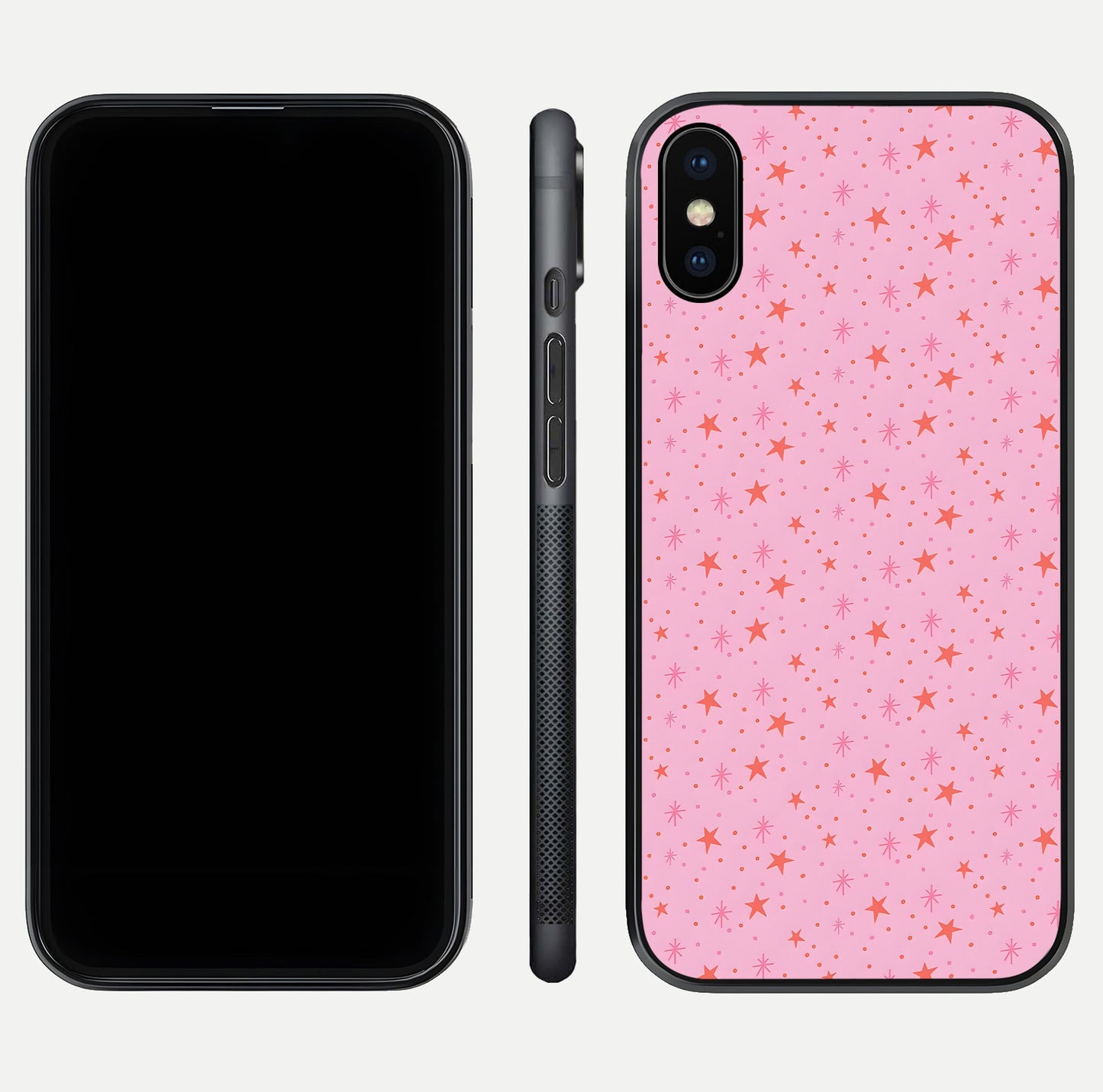 Cosmic Pink Sparkle iPhone X glass phone case front and side layout view displaying slim profile and full cosmic coverage