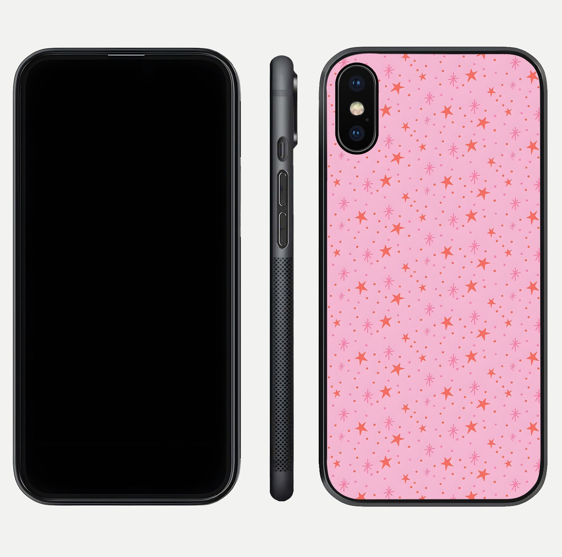 Cosmic Pink Sparkle iPhone X glass phone case front and side layout view displaying slim profile and full cosmic coverage