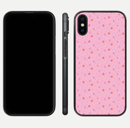 Cosmic Pink Sparkle iPhone X glass phone case front and side layout view displaying slim profile and full cosmic coverage