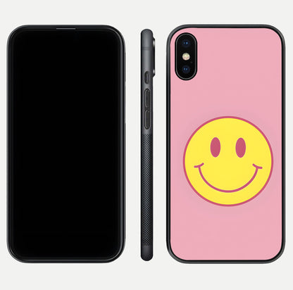 Happy Pink Mood iPhone X glass phone case front and side layout view showing slim build and full pink coverage