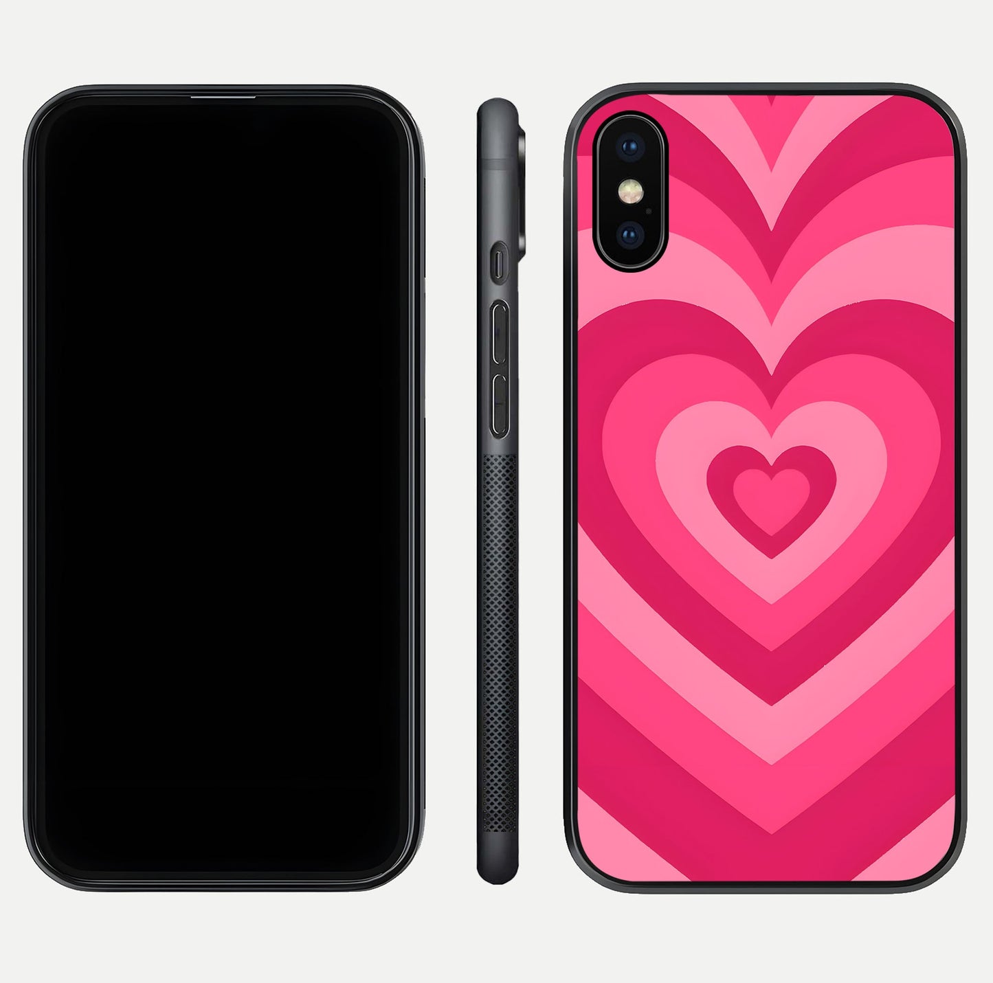 Layered Love Hearts iPhone X glass phone case front and side layout view displaying slim profile and full heart design