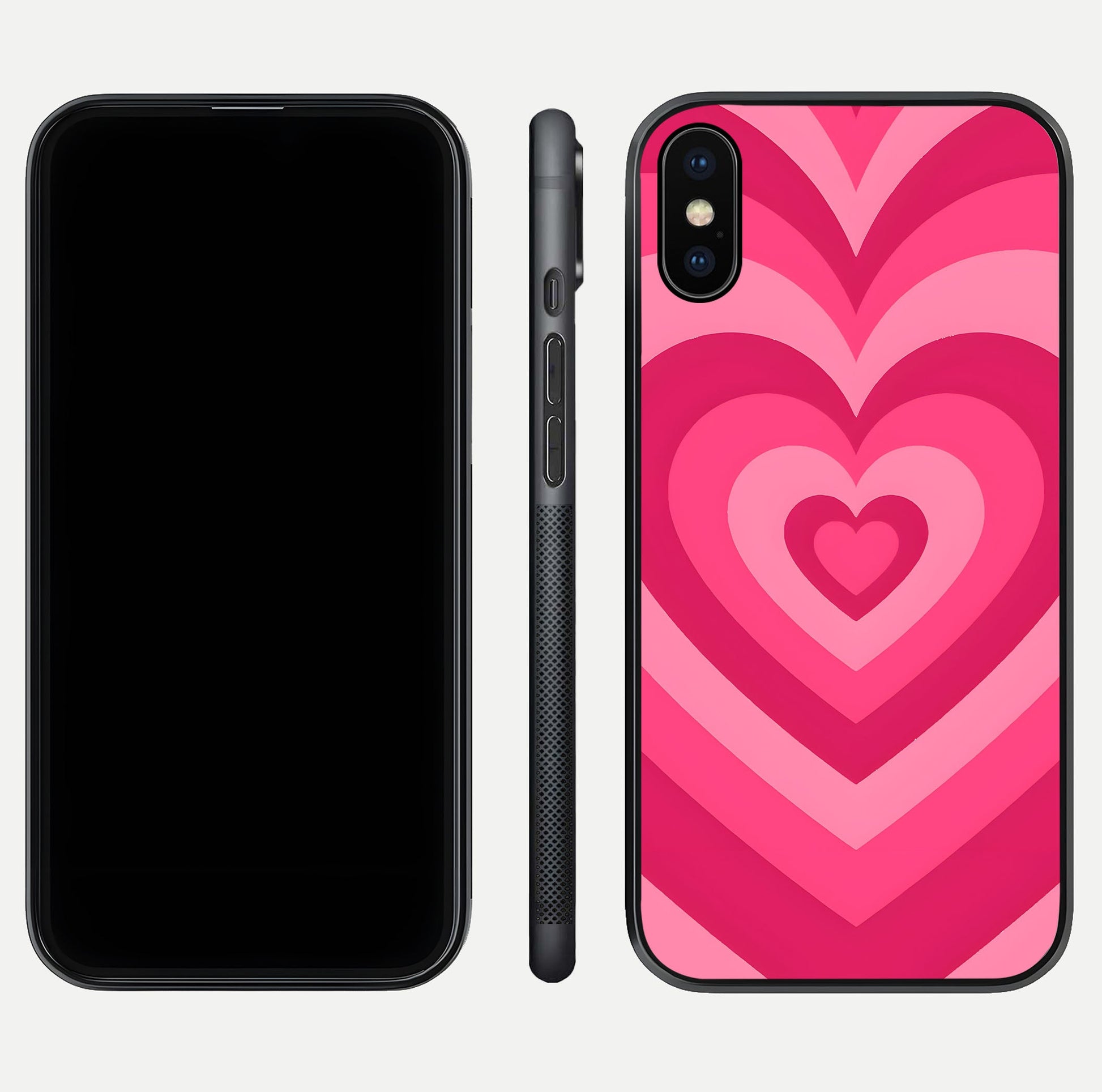 Layered Love Hearts iPhone X glass phone case front and side layout view displaying slim profile and full heart design