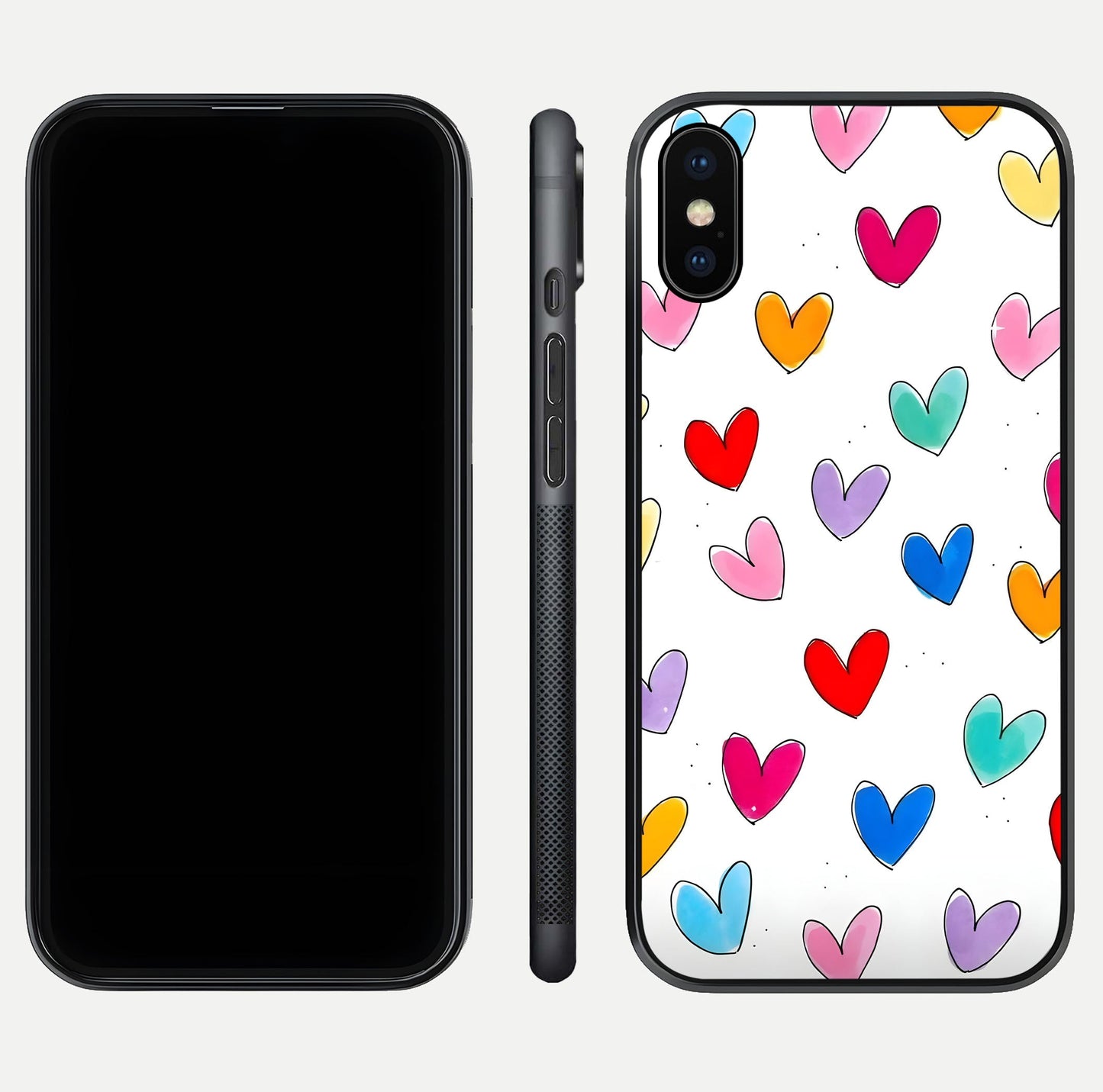 Playful Love Doodles iPhone X glass phone case front and side layout view showing slim build and full doodle coverage