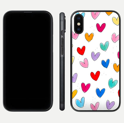 Playful Love Doodles iPhone X glass phone case front and side layout view showing slim build and full doodle coverage