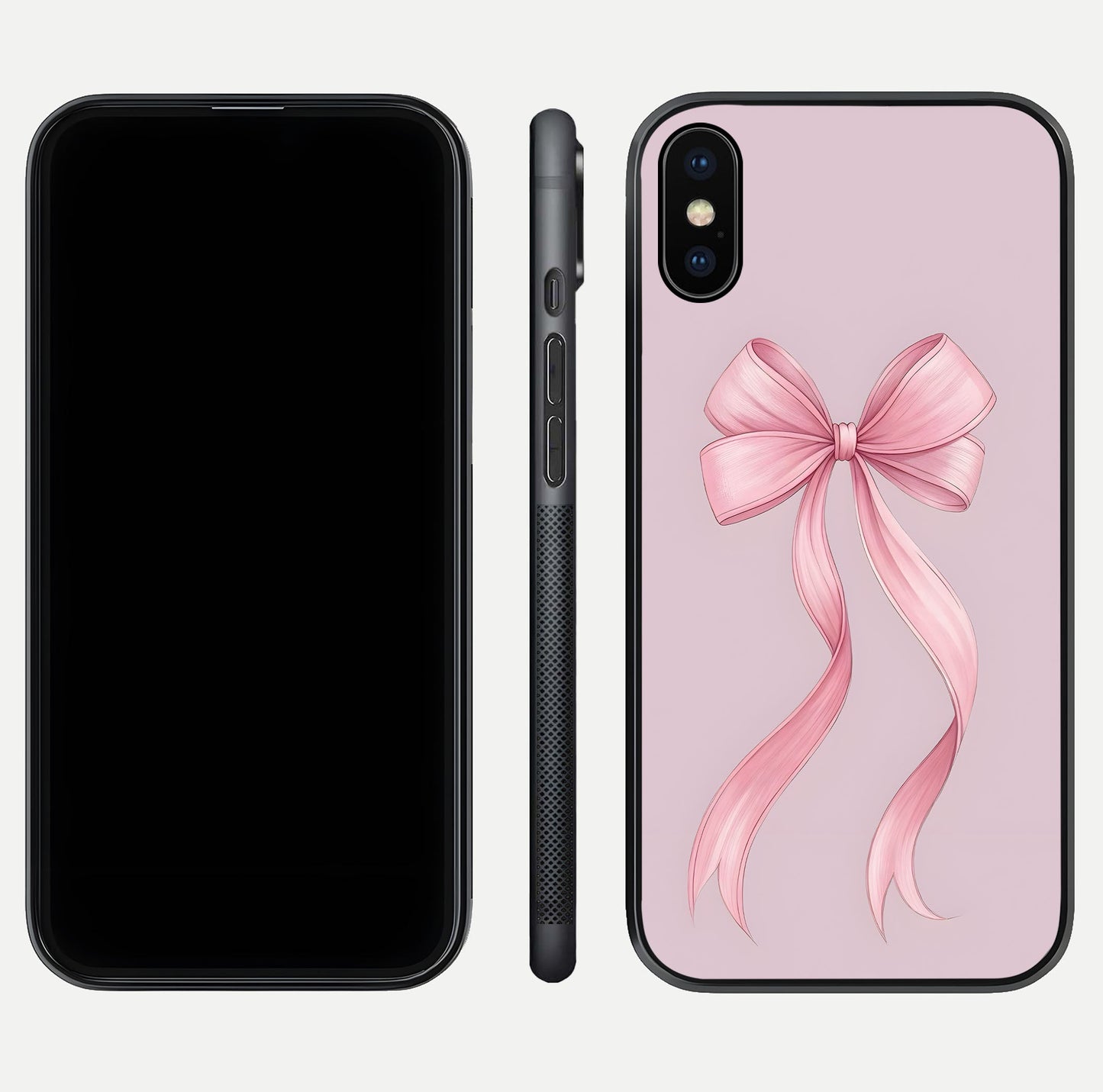 Soft Blush Bow iPhone X glass phone case front and side layout view displaying slim profile and gentle aesthetic