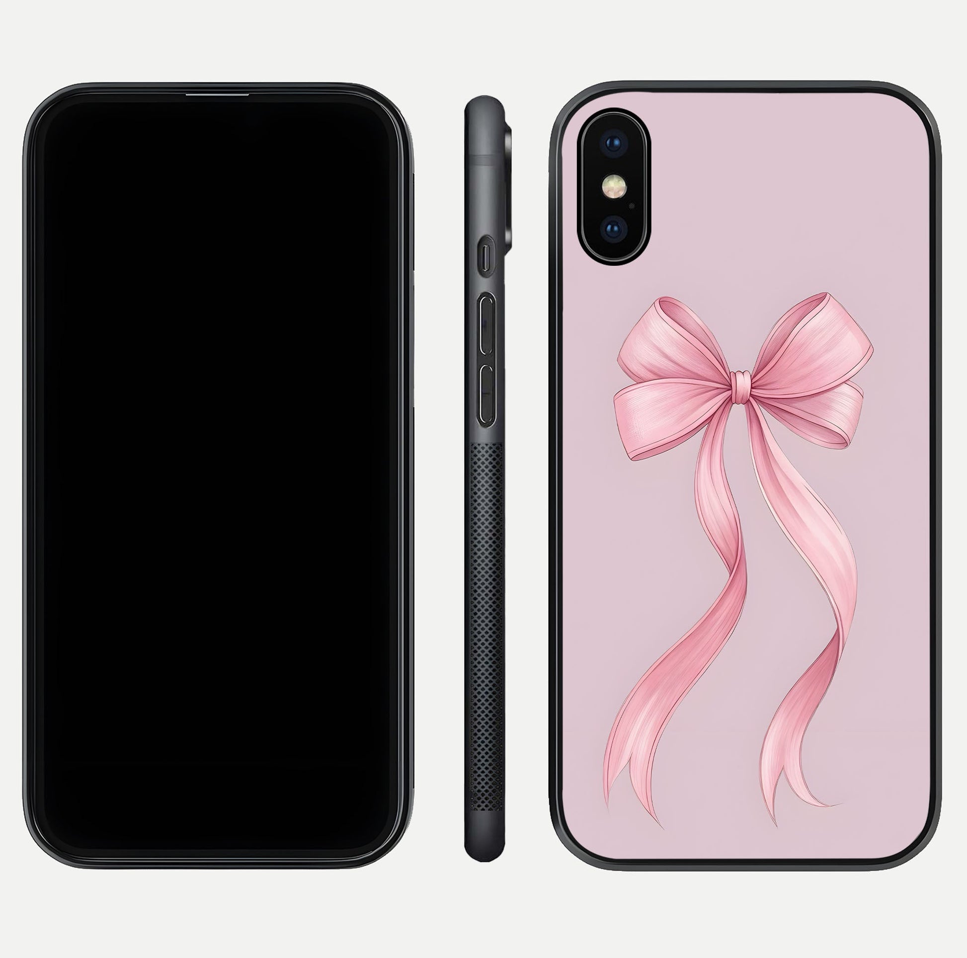 Soft Blush Bow iPhone X glass phone case front and side layout view displaying slim profile and gentle aesthetic