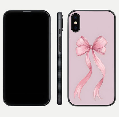 Soft Blush Bow iPhone X glass phone case front and side layout view displaying slim profile and gentle aesthetic