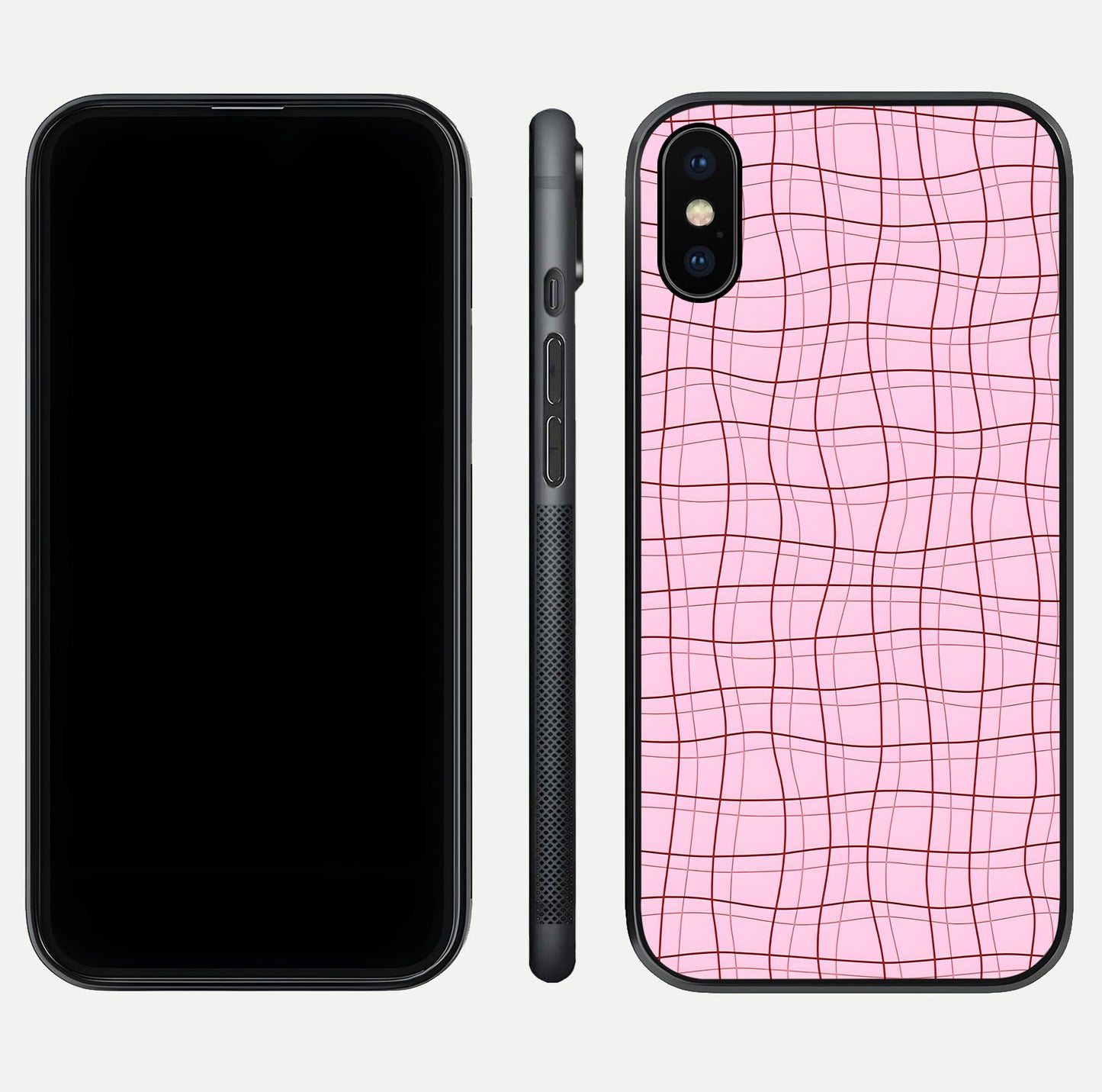 Soft Grid Bliss iPhone X glass phone case front and side layout view displaying slim profile and clean design